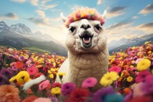 Laughing Alpaca In A Colorful Meadow, On The Flower Field Background And Blue Sky