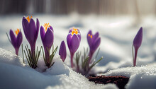 Purple Crocus Flowers Grow In The Snow. Spring Concept. Wall Decoration.