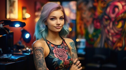 Wall Mural - Young attractive female tattoo artist in a tattoo parlor.