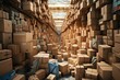 An overcrowded storage facility filled with numerous packages. Theme: issues encountered during shipping. Generative AI