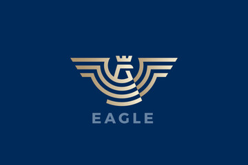 Poster - Eagle Logo Wings Geometric Heraldic Luxury Design Vector template. Falcon Hawk Bird with Crown Linear Outline Golden Logotype icon.