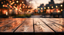 Empty Wooden Table With A Background Of Out-of-focus City Or Christmas Lights. Bokeh Background. Space To Place Or Present Product. Generative Ai