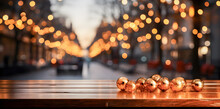 Empty Wooden Table With Christmas Decorations And An Out-of-focus City Background With Christmas Lights. Bokeh Effect, Space To Place Or Present Product. Generative Ai.