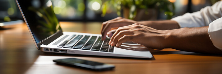 wide banner of a man hands typing with a laptop and a mobile phone next to it wide web background ba