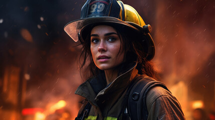 Female firefighter against the backdrop of a burning building.