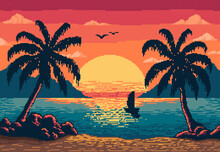 8 Bit Pixel Art, Sunset Beach Landscape. Indie Pixel Game Tropical Nature Screen Wallpaper, 8bit Arcade Seascape Vector Background Or 16 Bit Console Sea Sunset Backdrop With Palms And Sail Boat
