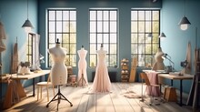 Studio With Various Sewing Items, Fabrics And Mannequins Standing, Designer.