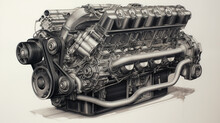 blueprint style technical drawing and illustration of a v8 engine gas powered 