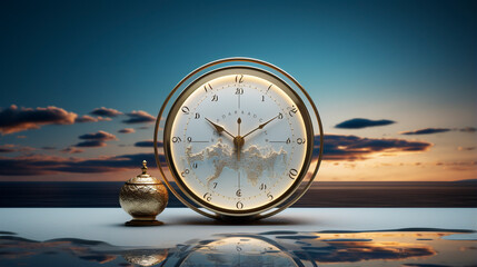 A fancy gold and white clock with a sunset background