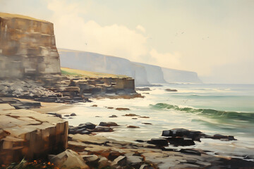 Wall Mural - Digital painting of the cliffs on seashore. Seascape in neutral tones, interior wall art. Generative AI