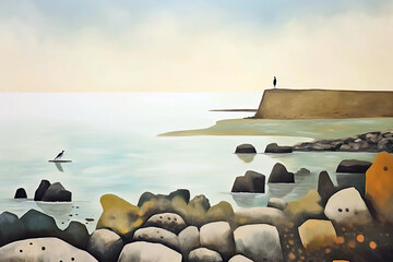 Wall Mural - Seascape with rocks and birds at sunset. Digital painting in muted tones, minimalistic style. Generative AI