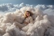 © Lumos Maxima - Comfortable bed on clouds. Paradise or heaven. Woman have a rest or nap.