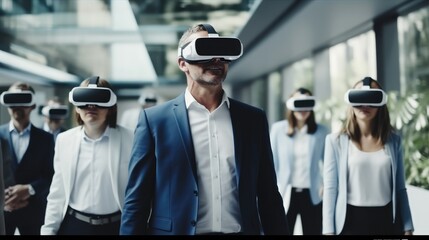 Aufkleber - Virtual reality demonstration, Mature businessman wearing VR glasses in office business technology futuristic technology vr virtual.