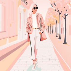 Fashionable young woman in sunglasses walking on the street. Vector illustration.