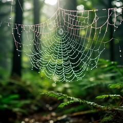 spider web with dew drops in the forrest with sunshine backlit