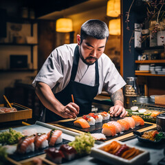 Sushi chef at work in kitchen 