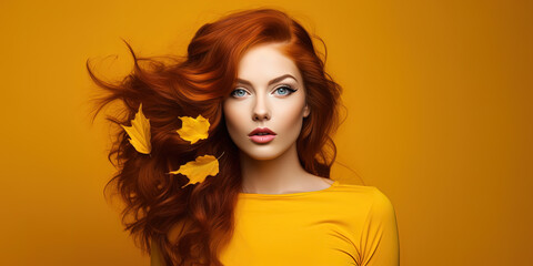 Attractive redhead woman model symbolizing autumn. Yellow background and copy space.