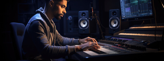 Sticker - Portrait of Audio Engineer Working in Music Recording Studio, Uses Mixing Board Create Modern Sound.