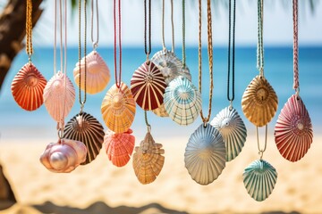 Wall Mural - Beautiful pendants - seashell decorations for sale to tourists, close-up