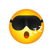 Cute Sleeping Emoticon on White Background. Yellow emoticon face with closed eyes. Popular chat elements. Trendy emoticon. Emoticon with a sleeping mask. Vector illustration