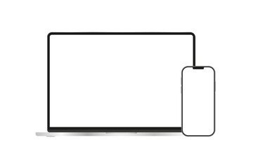 laptop and mobile phone with blank screens, isolated on white background. notebook mockup and phone 