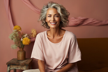 Wall Mural - beautiful aged woman with gray hair in sportswear on a pink background