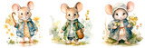 Fototapeta Dziecięca - Set of  watercolor cartoon mouse in clothes walking in the garden , in gentle pastel colors, isolated on transparent background