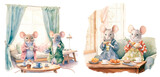Fototapeta Dziecięca - Set of watercolor cartoon mice in clothes in the living room, in gentle pastel colors, isolated on transparent background
