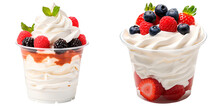 Set of whipped cream dessert with berries in plastic cup isolated on transparent background
