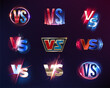 Vs or versus vector sign, game or sport confrontation symbols set with blue and red neon glow. Sports game, fight or battle competition challenge, martial arts combat or challengs emblems or labels