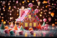 Photo of a colorful gingerbread house adorned with various candies and sweets created with Generative AI technology