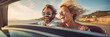 © Andrii IURLOV - Happy smile couple man and woman traveling in car convertible the coast on summer sunny day.