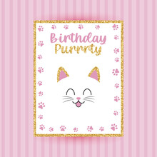 Cute Cat Golden And Pink Invitation Template