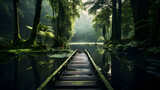 Fototapeta Natura - Mesmerizing Wooden Jetty Extending into Serene Rainforest Lake covered with Water Lillies.