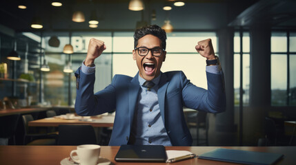 Businessman in the office joyfully raises his hands up celebrating victory and success in his work