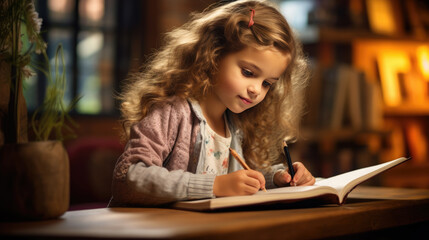 Canvas Print - Little girl draws sitting at a table