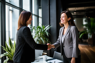 Wall Mural - happy middle aged business woman meets its client and shakes hands in a modern office. smiling femal