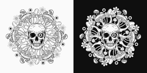 Wall Mural - Circular black and white pattern with human skull, colorful mushrooms, chamomiles, eyeballs. Concept of madness, craziness. Surreal illustration for groovy, psychedelic design