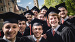 © Studio Nova - Happy smiling graduating students friends in an academic gowns standing in front of college