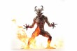 Demonic figure with muscular build and red skin standing in a ring of fire