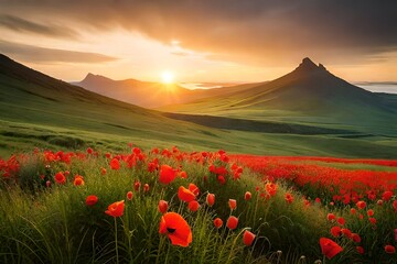 poppy field in the sunset Generated Ai