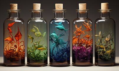 Watercolor, glass bottles with fish, on a gray background.