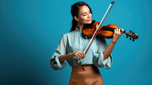 Young Woman Playing Violin On Blue Background
