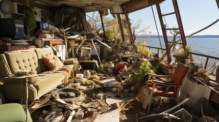 Sticker - a room with a pile of furniture and debris