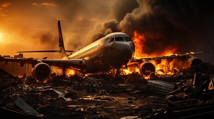 Poster - a plane on fire with smoke and clouds in the background