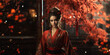 Hübsche Model Frau mit Asiatischen Kimono mit einzigartigen Hintergrund als Kulisse im Querformat für Banner, ai generativ