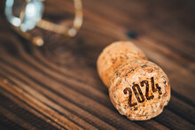 Year 2024, Written On A Champagne Cork, Happy New Year, The Concept Of Celebrating The New Year
