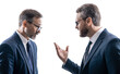 © be free - two businessmen conflicting at rivalry isolated on white. businessmen having conflict in business. historic rivalry. conflict between boss and employee. conflict between companies. business conflict