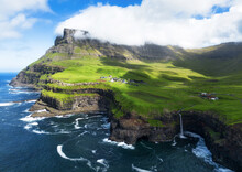 Faroe Island Landscape - Waterfall From Drone, Denmark