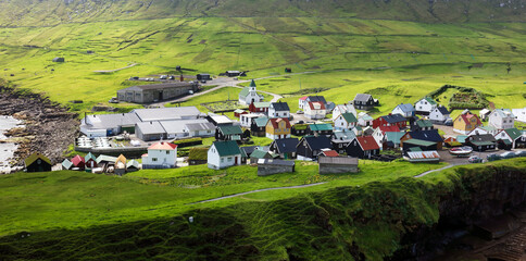 Sticker - Natural harbour gorge nearby idyllic village Gjogv, most northern village of Eysturoy, Faroe islands